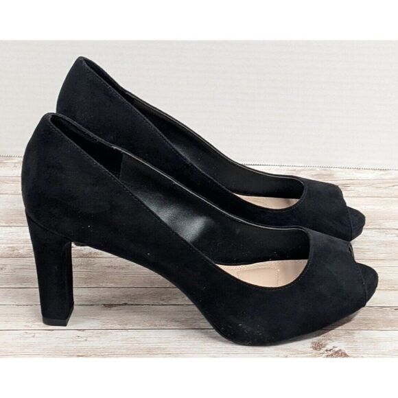 Kelly & Katie Frisisi Womens Size 8.5 Black Slip On Peep Toe Block Pump Heels - Picture 1 of 11